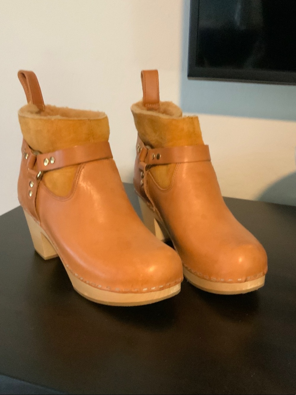 Swedish Hasbeens Tan Leather Shearling Clog Boots